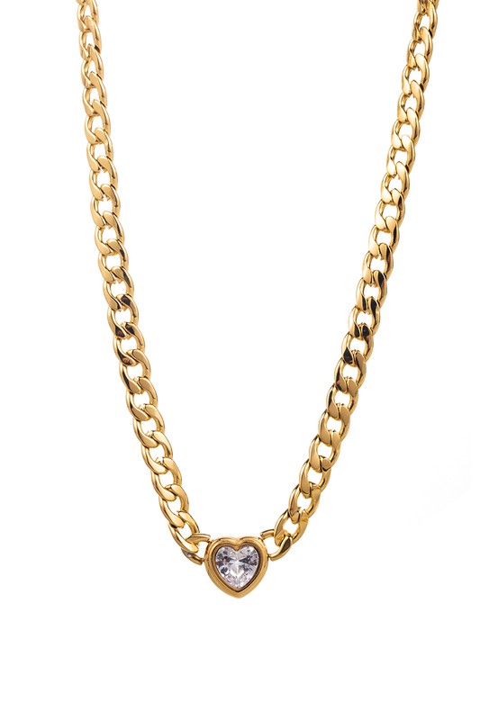 Gold Plated Clear Curb Chain Heart Necklace