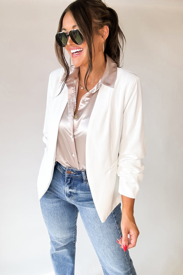 Let's Meet Up White Ruched Sleeve Blazer