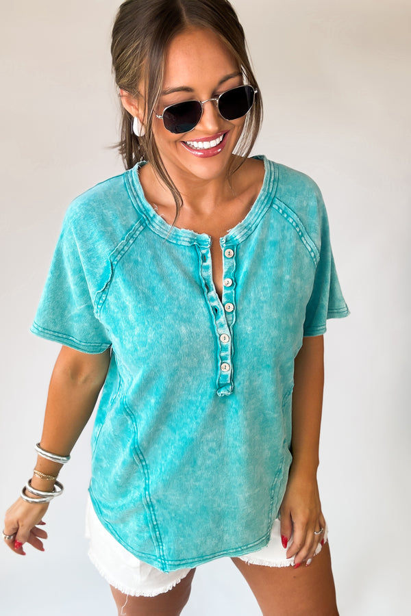 Calm And Cozy Light Teal Washed Terry Button Henley Raglan Top