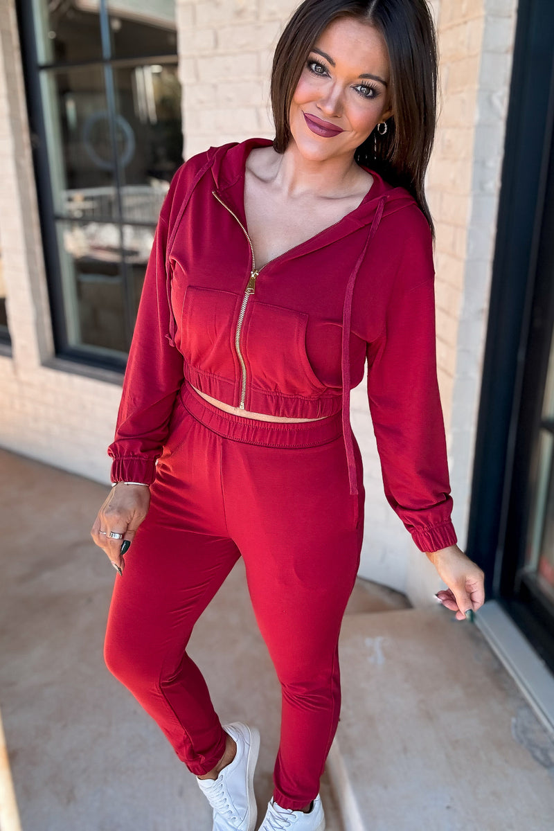 French Terry Crimson Red Cropped Zip-up Hoodie Jogger Set