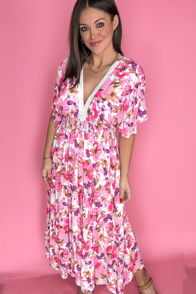 Pink Floral Print V Neck Maxi Dress