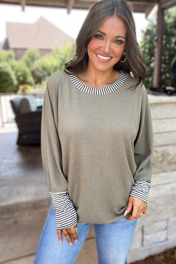 For A While Olive Thermal Knit Stripe Banded Top