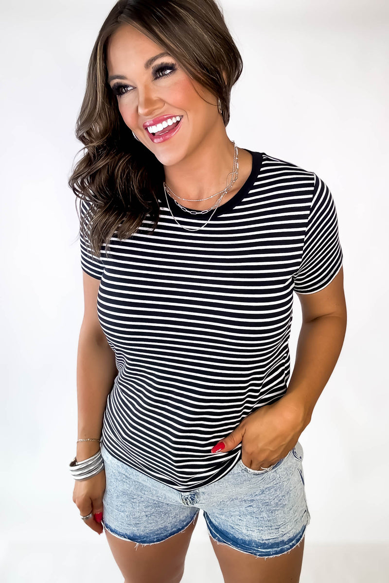 Black And White Crew Neck Soft Short Sleeve Top