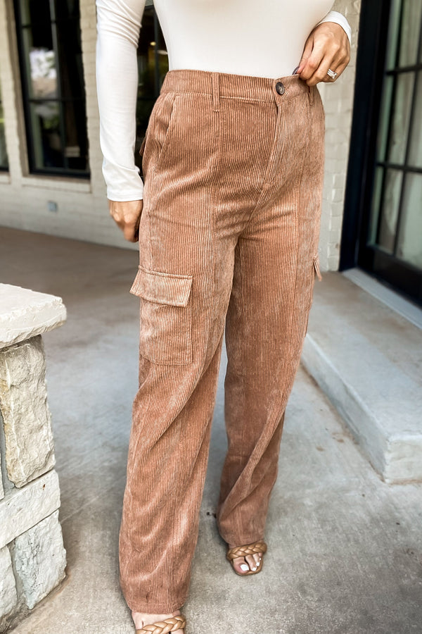 On My Own Path Camel Corduroy Cargo Pants