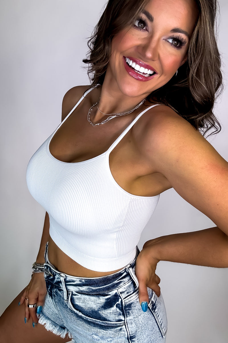 SR White Ribbed Seamless Cropped Cami With Bra Pads