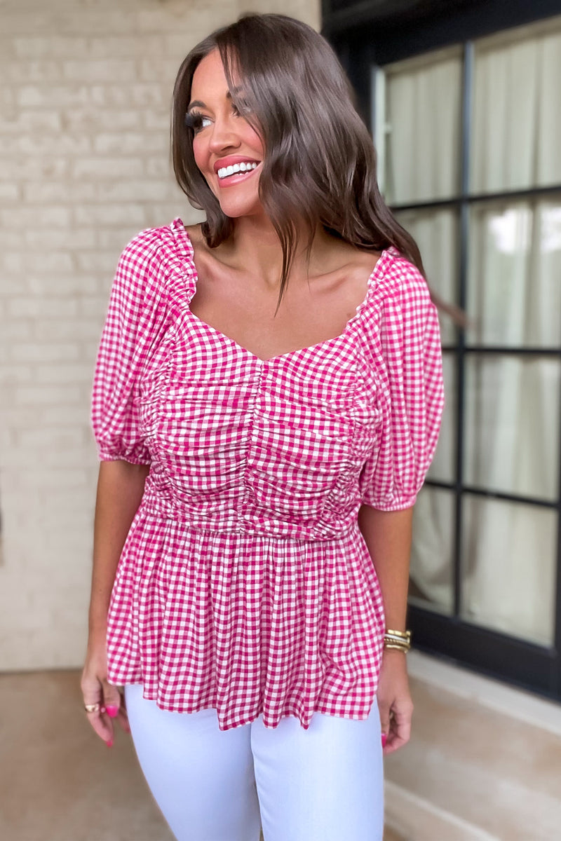 Through The Window Fuchsia Gingham Check Ruched Baby Doll Top