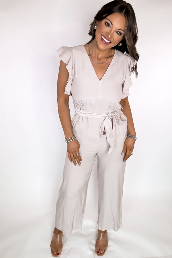 Excited To See Beige Ruffle Sleeve Jumpsuit