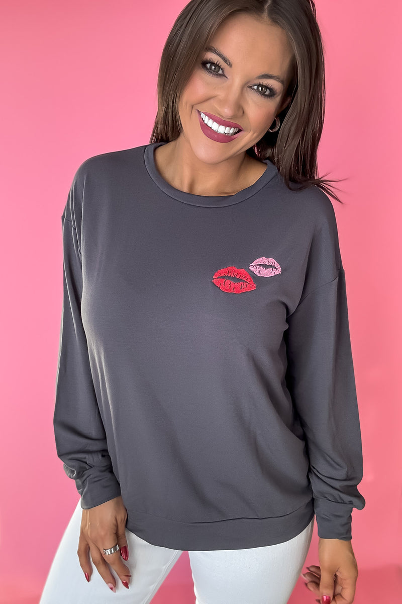 Valentine's Embroidery Lips Sweatshirt