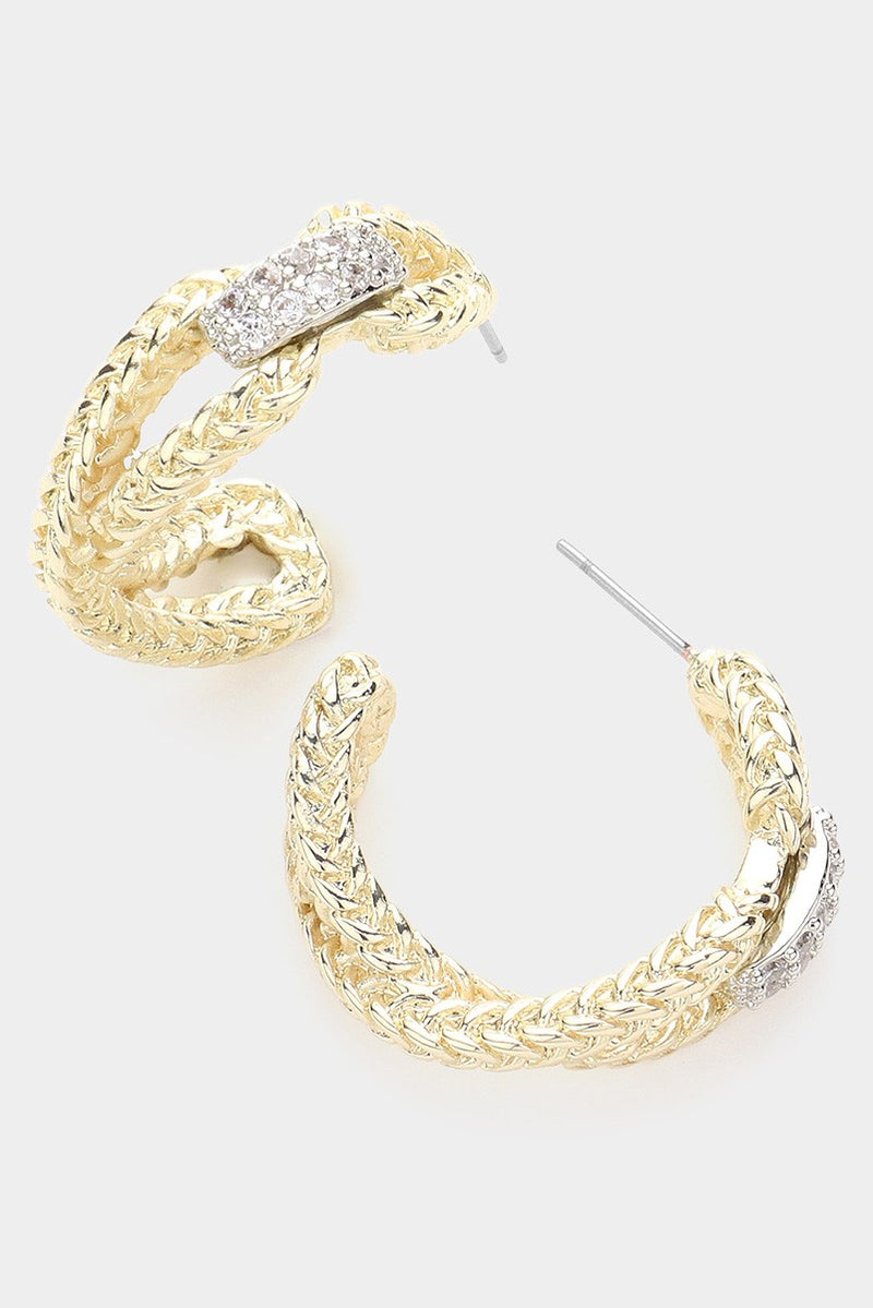 14K Plated CZ Stone Paved Center Hoop Earrings