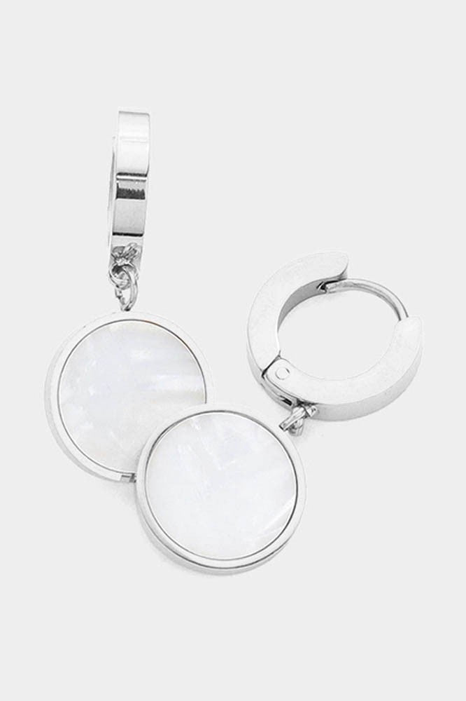 Mother Of Pearl Silver Disc Dangle Huggie Earrings