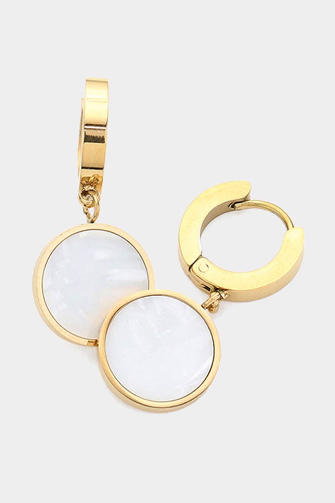 Mother Of Pearl Gold Disc Dangle Huggie Earrings