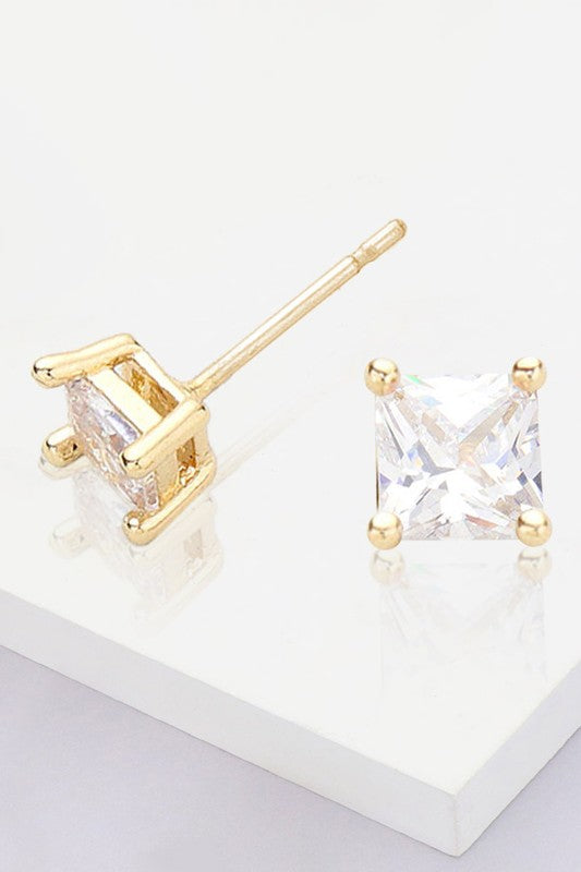 Gold Dipped 4mm Square CZ Stone Stud Earrings