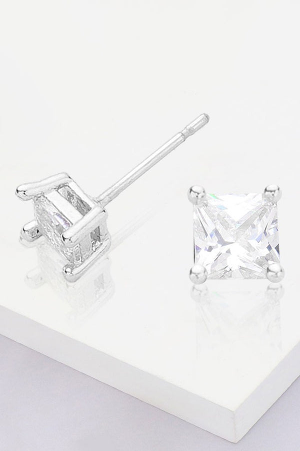 Silver Dipped 4mm Square CZ Stone Stud Earrings