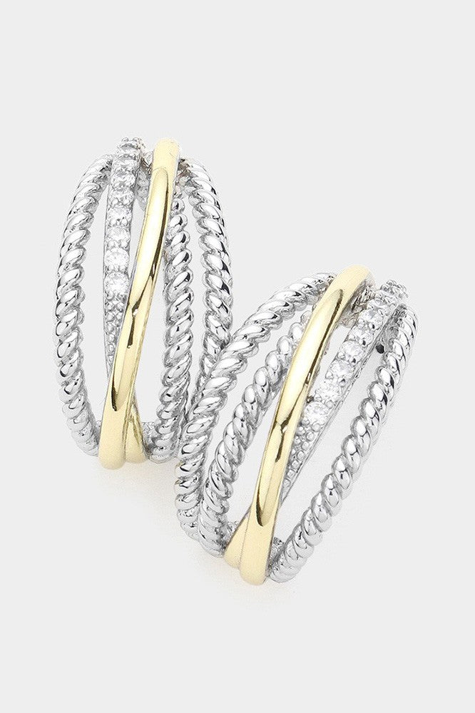 14K Two Tone CZ Rope Metal Half Hoop Earrings