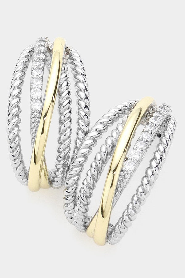 14K Two Tone CZ Rope Metal Half Hoop Earrings