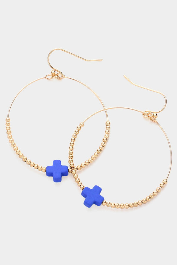 Cross Blue Metal Ball Beaded Circle Dangle Earrings