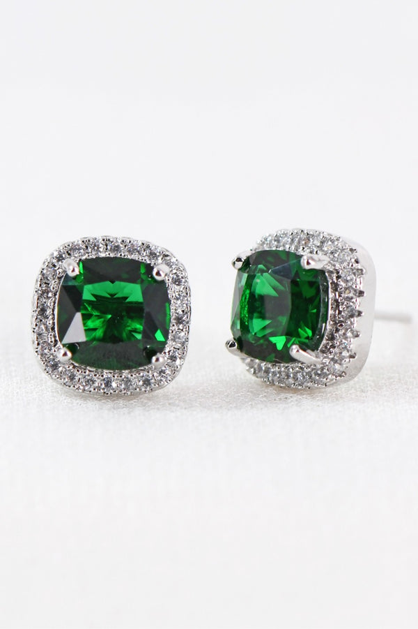 Silver/Green Dainty Cubic Zirconia Square Stud Earrings