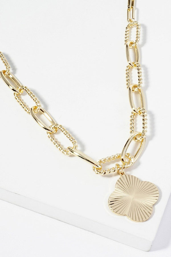 Gold Dipped Textured Metal Quatrefoil Chunky Chain Necklace