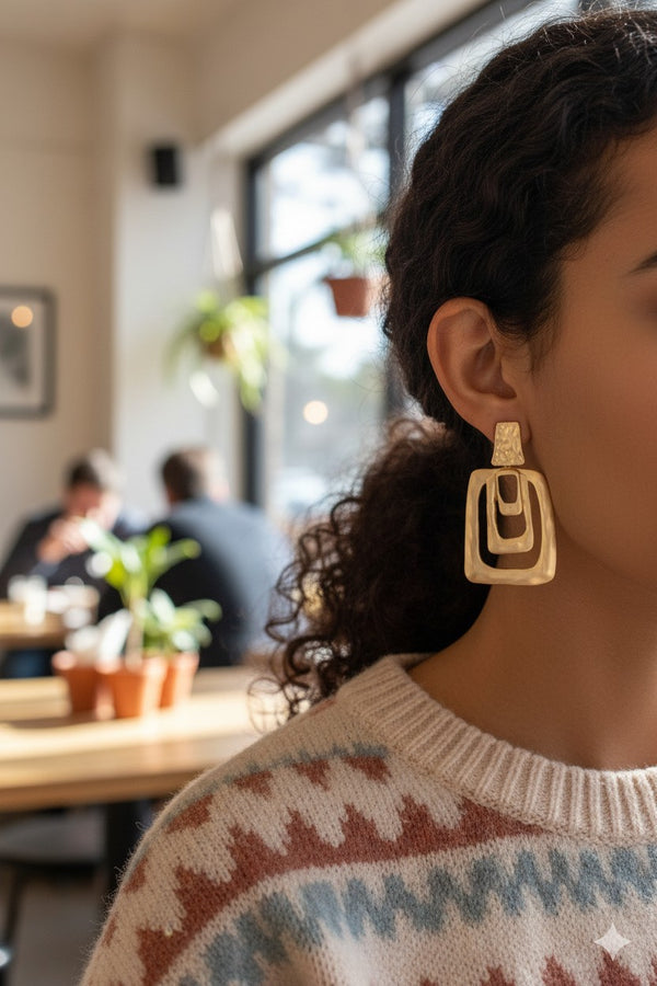 Hammered Triple Rectangle Hoop Drop Earrings