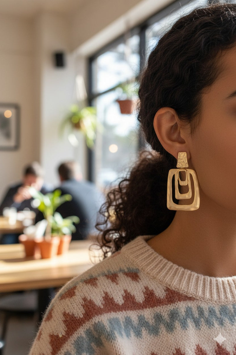 Hammered Triple Rectangle Hoop Drop Earrings
