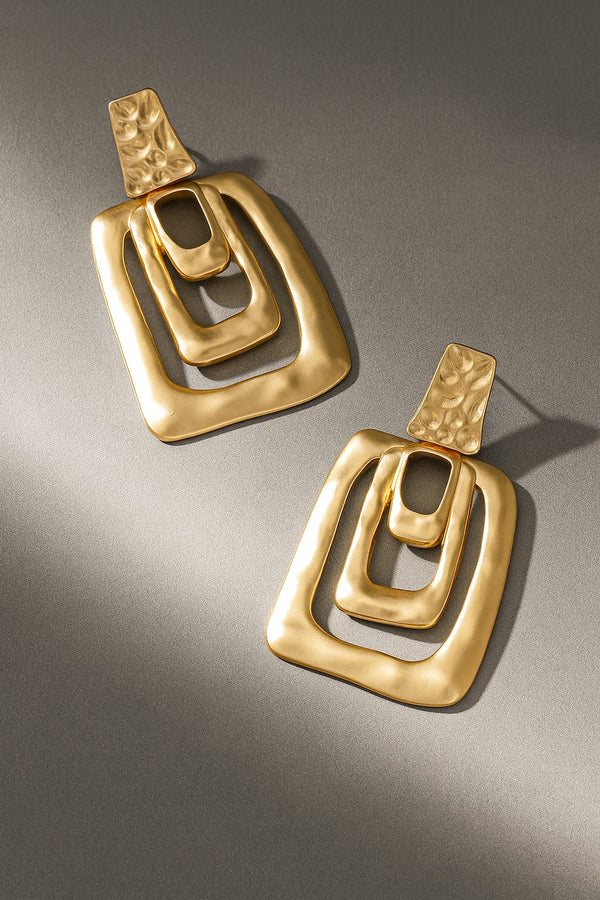 Hammered Triple Rectangle Hoop Drop Earrings