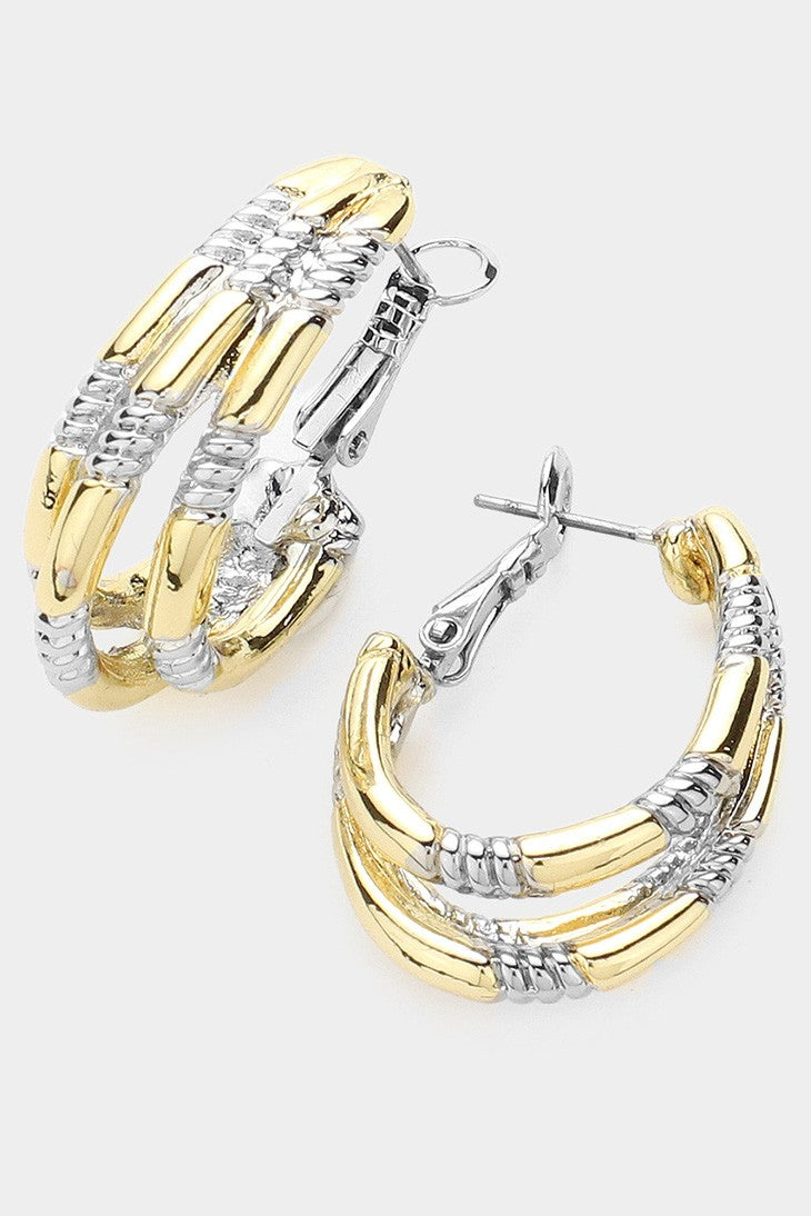 14K Two Tone Textured Metal Split Hoop Earrings