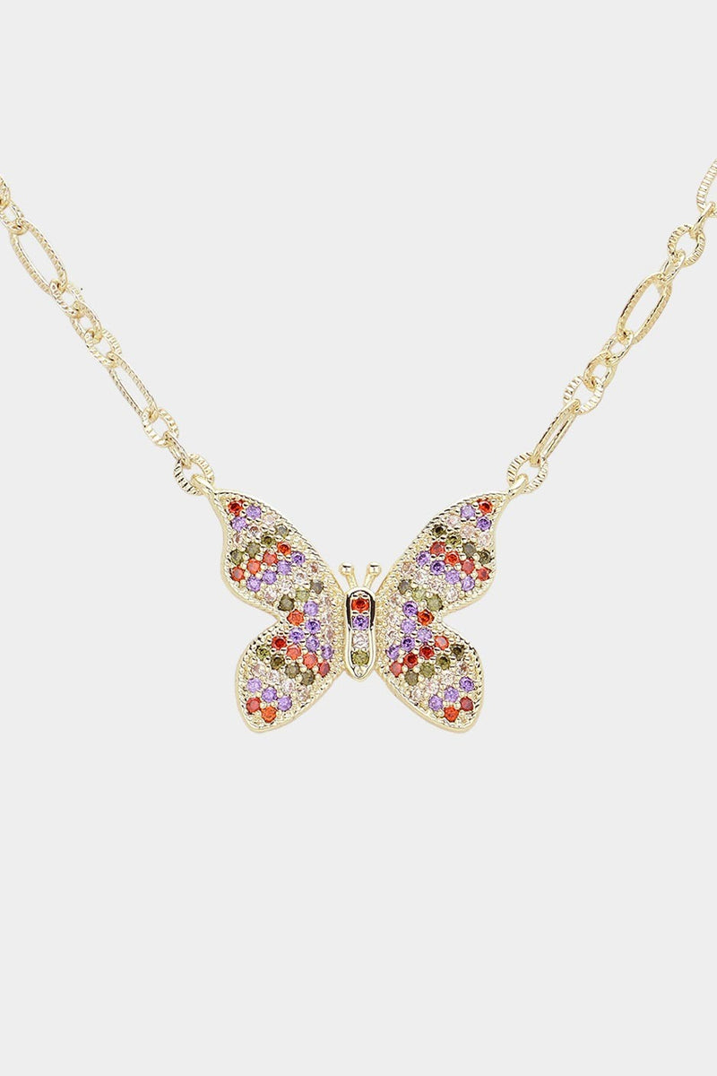 14K Gold Plated CZ Stone Paved Butterfly Necklace