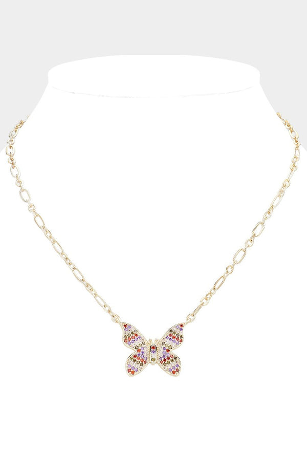 14K Gold Plated CZ Stone Paved Butterfly Necklace