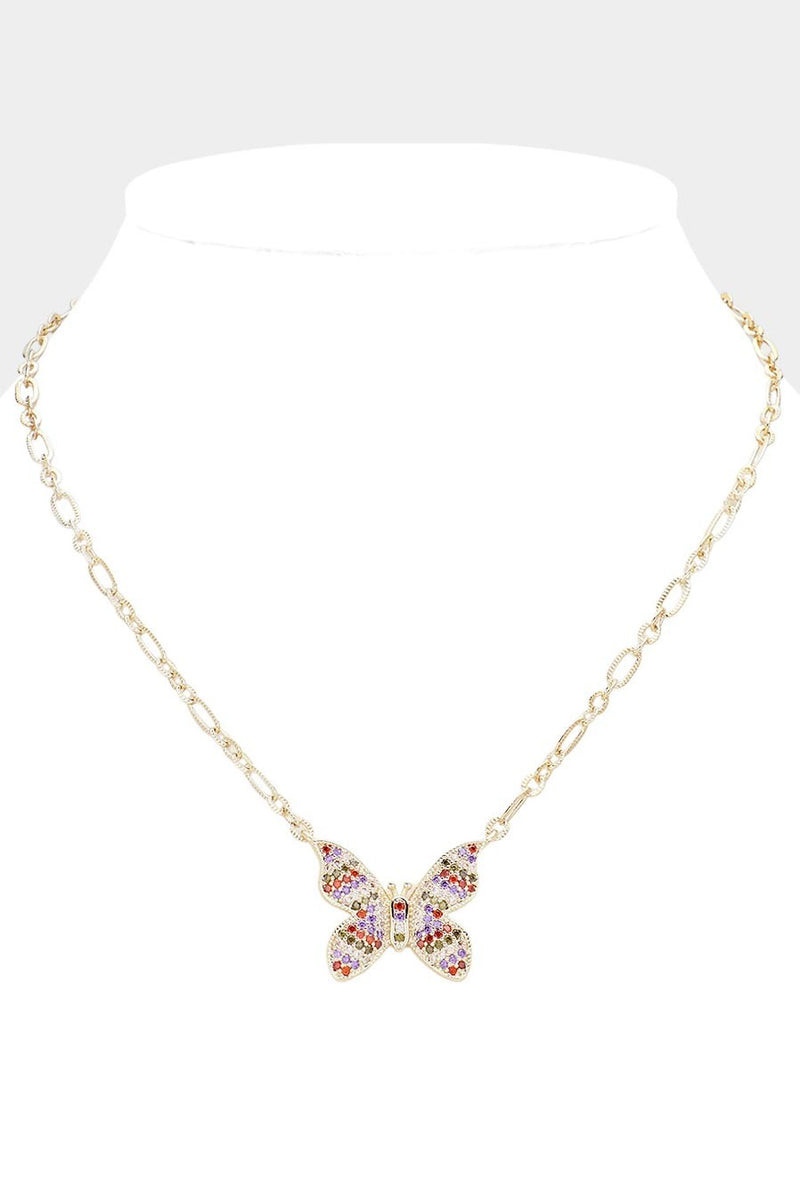 14K Gold Plated CZ Stone Paved Butterfly Necklace