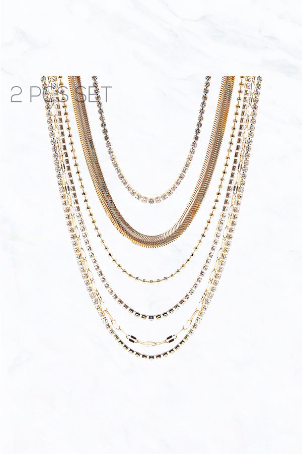 2 Piece Gold Rhinestone Choker Multi Layer Necklace