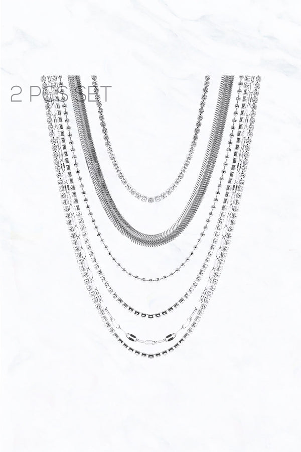 2 Piece Silver Rhinestone Choker Multi Layer Necklace