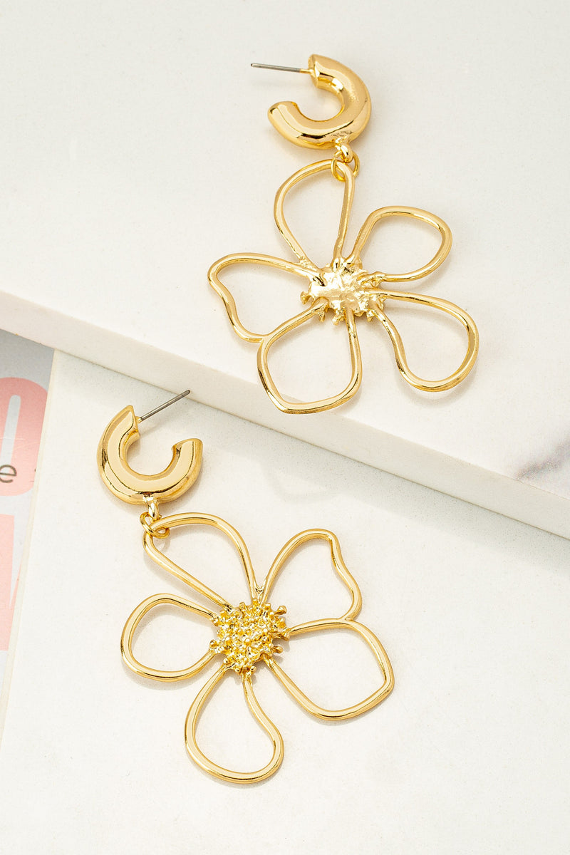 CUTOUT FLOWER DROP ON A HUGGIE HOOP EARRINGS
