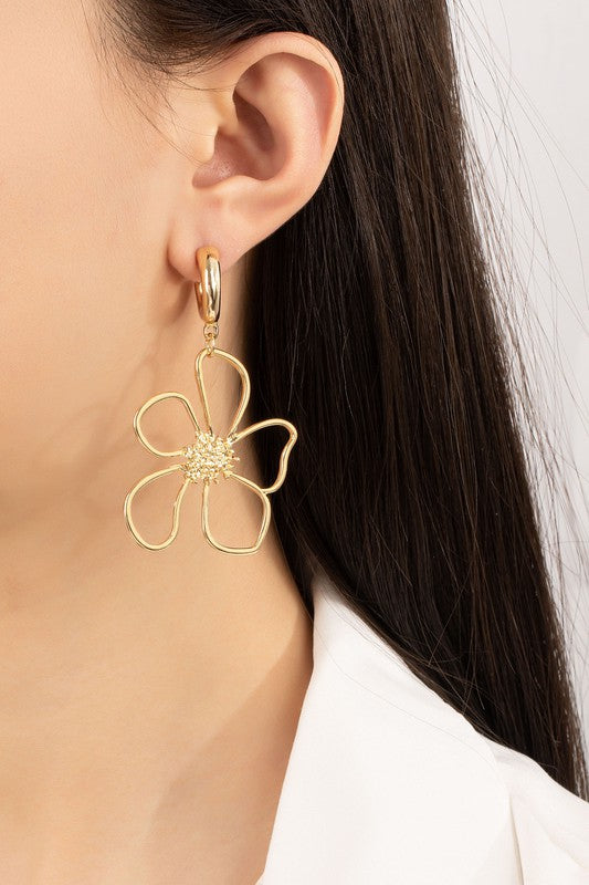 CUTOUT FLOWER DROP ON A HUGGIE HOOP EARRINGS