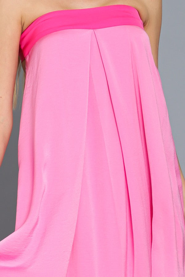 Pink Tube Tie Back Chest Color Block Maxi Dress