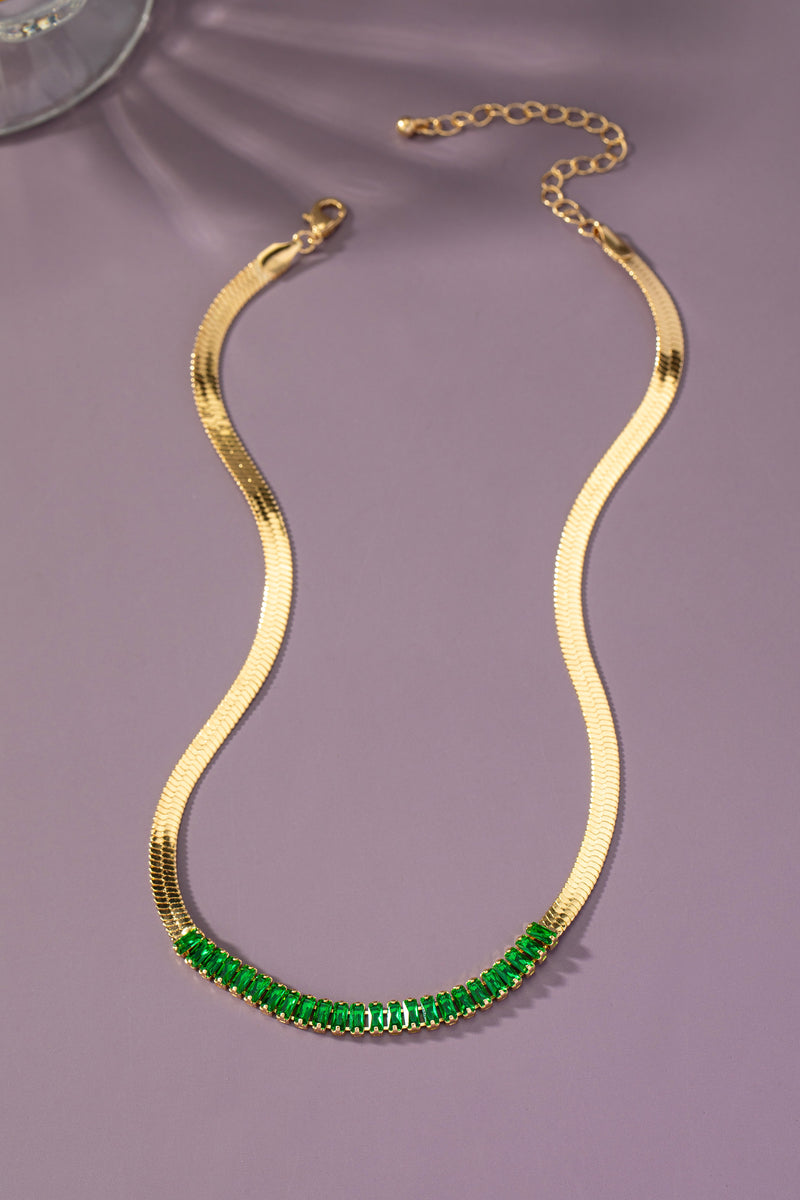 HERRINGBONE CHAIN AND EMERALD RHINESTONE NECKLACE