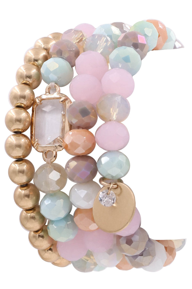 Spring Assorted Bead Coin Charm Stretch Four Bracelet Set