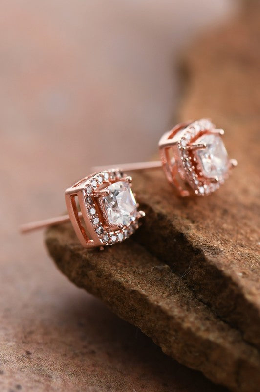 Dainty Square Studs With Clear Glass Crystals