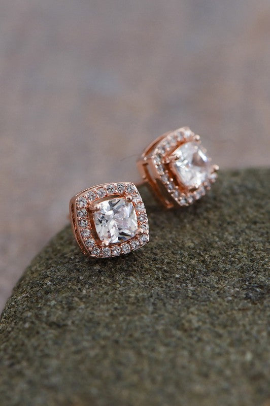 Dainty Square Studs With Clear Glass Crystals