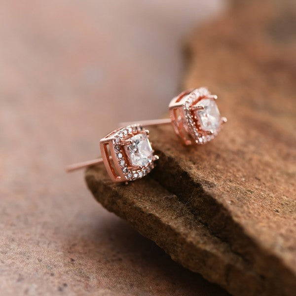 Dainty Square Studs With Clear Glass Crystals