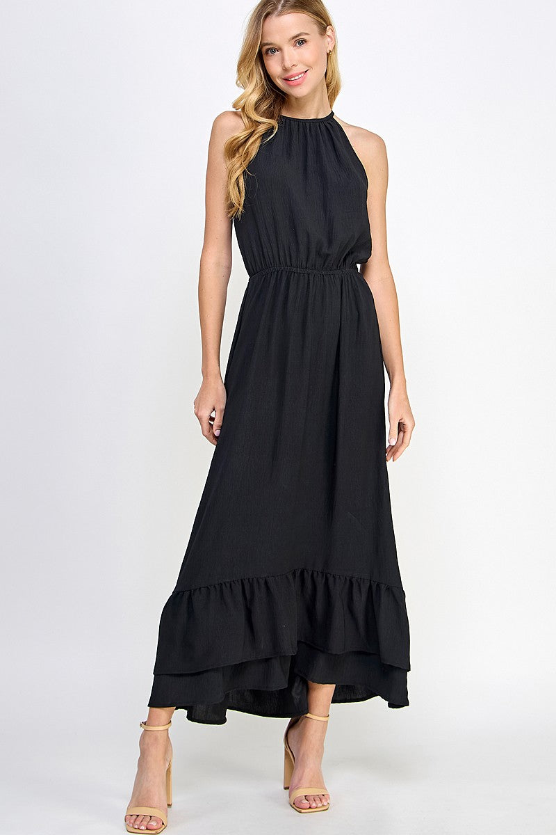 Halter Neckline Black Solid Maxi Dress