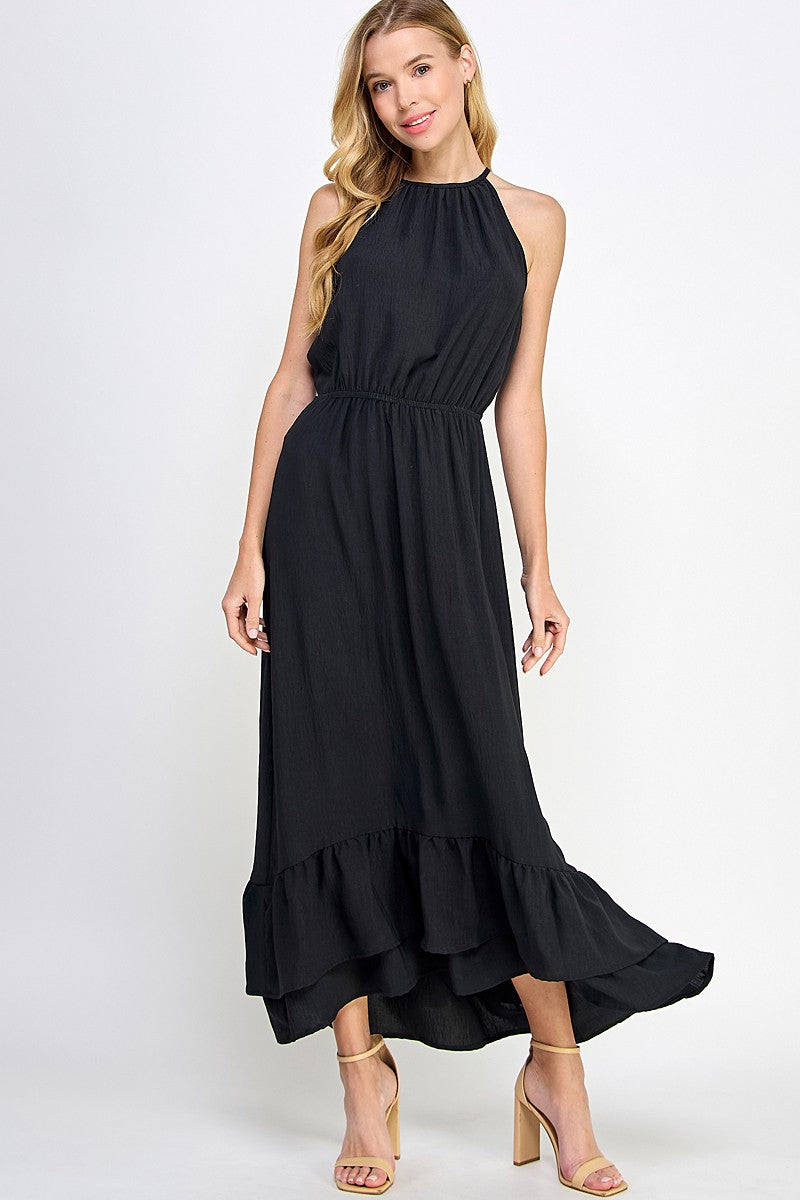 Halter Neckline Black Solid Maxi Dress