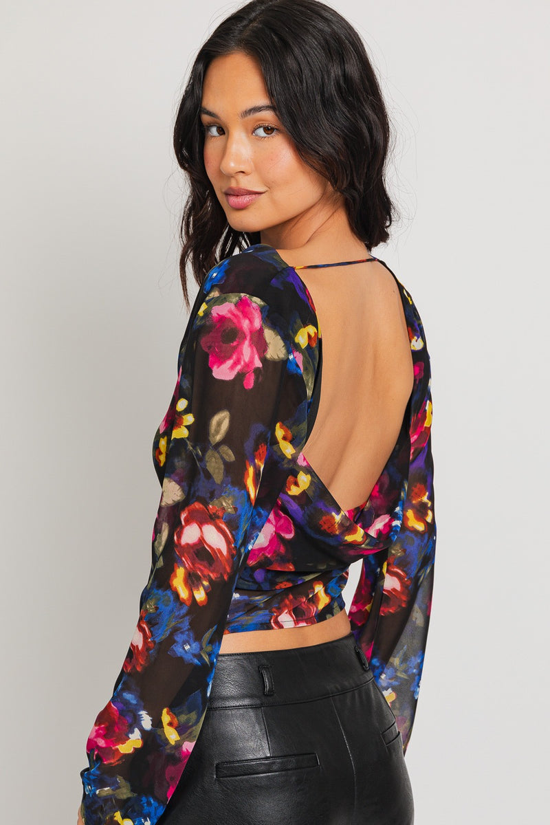 Le Lis Long Sleeve Cowl Neck Floral Printed Top