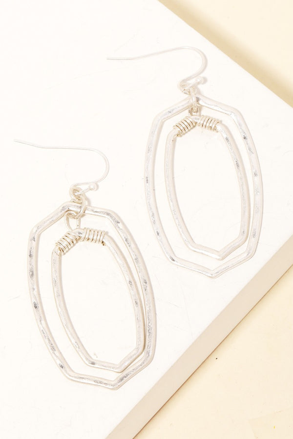 Double Metallic Silver Oval Drop Earrings
