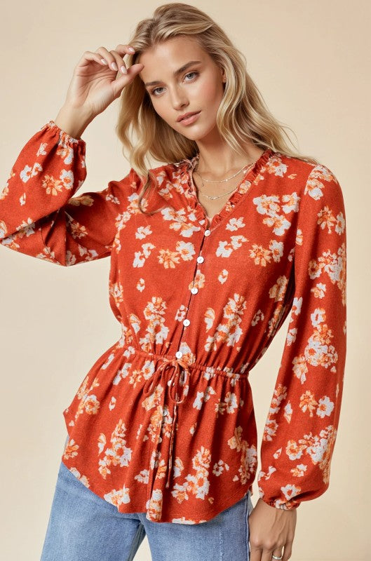 Rust Button Front Chiffon Blouse With Waist Drawstring