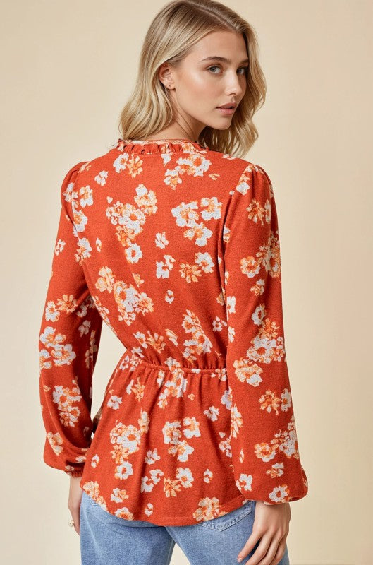 Rust Button Front Chiffon Blouse With Waist Drawstring