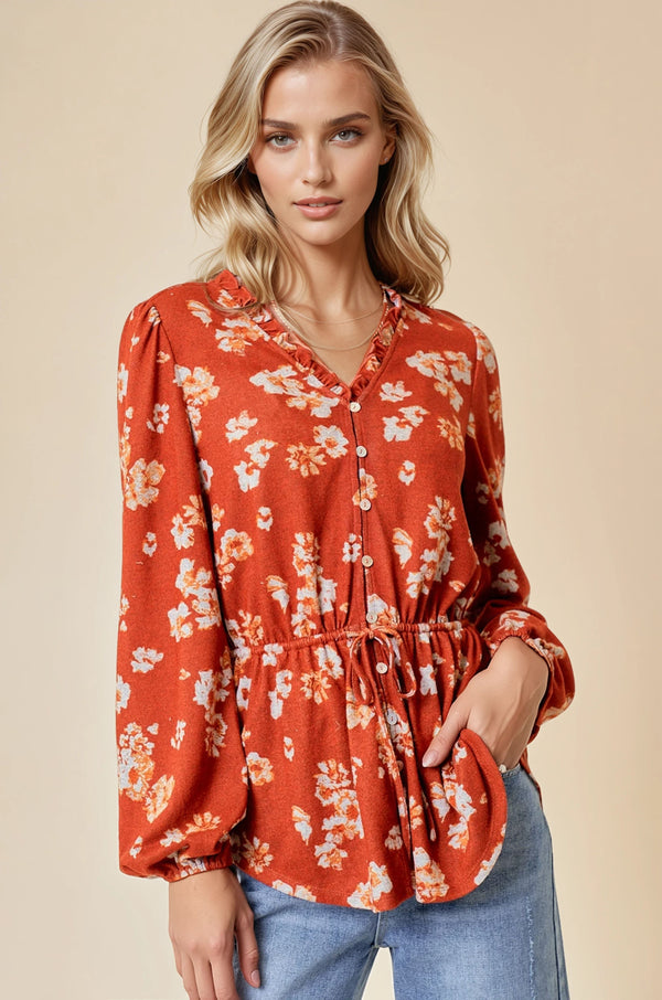 Rust Button Front Chiffon Blouse With Waist Drawstring