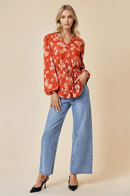 Rust Button Front Chiffon Blouse With Waist Drawstring