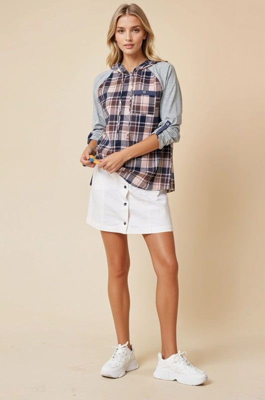 Brown And Grey Raglan Hooded Plaid Top With Roll Up Sleeve