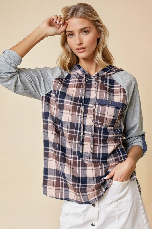 Brown And Grey Raglan Hooded Plaid Top With Roll Up Sleeve