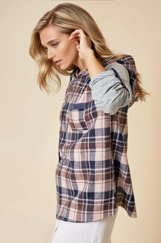 Brown And Grey Raglan Hooded Plaid Top With Roll Up Sleeve